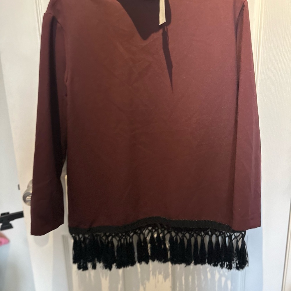 Zara Woman Maroon Long Sleeve Mock Neck Fringe Hem Shirt Women's Medium boho - Picture 4 of 7